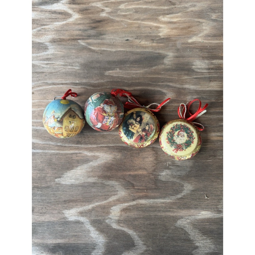 Vintage Set Of 4 decoupage round Christmas Ornaments paper mache ornaments